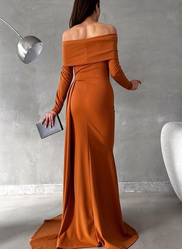 Sheath/Column Off-The-Shoulder Long Sleeves Elastic Satin Evening Dresses