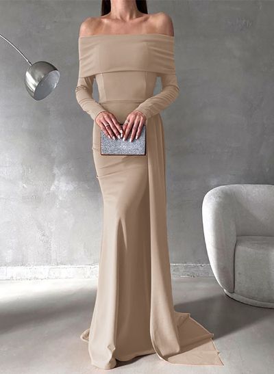 Sheath/Column Off-The-Shoulder Long Sleeves Elastic Satin Evening Dresses