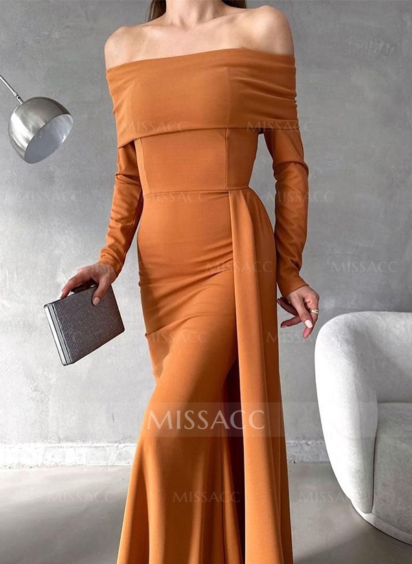 Sheath/Column Off-The-Shoulder Long Sleeves Elastic Satin Evening Dresses