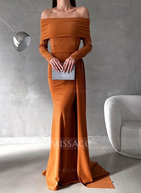 Sheath/Column Off-The-Shoulder Long Sleeves Elastic Satin Evening Dresses