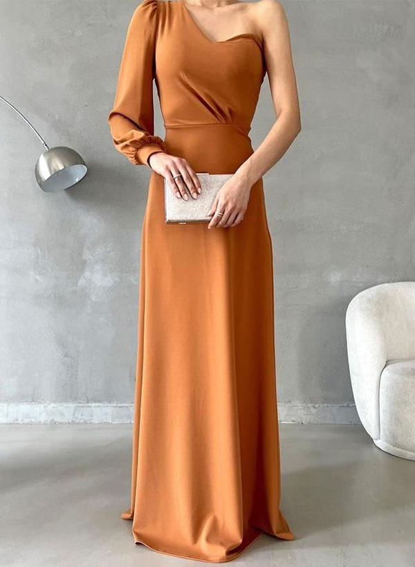 A-Line One-Shoulder Long Sleeves Floor-Length Elastic Satin Evening Dresses