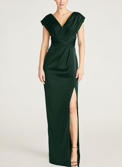 Sheath/Column V-Neck Sleeveless Satin Evening Dresses With Pleated