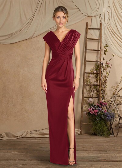 Sheath/Column V-Neck Sleeveless Crepe Satin Evening Dresses With Pleated