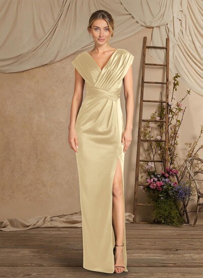 Sheath/Column V-Neck Sleeveless Crepe Satin Evening Dresses With Pleated