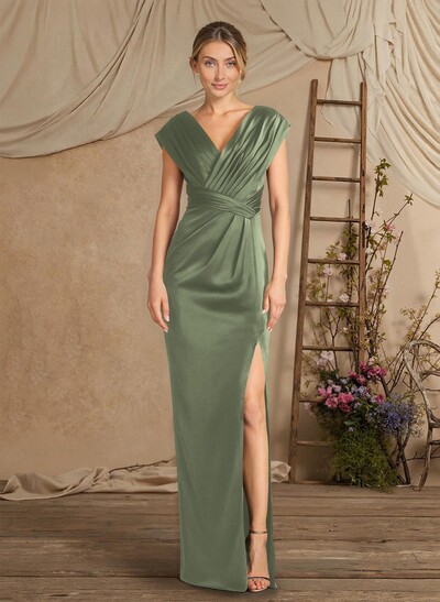 Sheath/Column V-Neck Sleeveless Crepe Satin Evening Dresses With Pleated