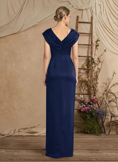 Sheath/Column V-Neck Sleeveless Crepe Satin Evening Dresses With Pleated