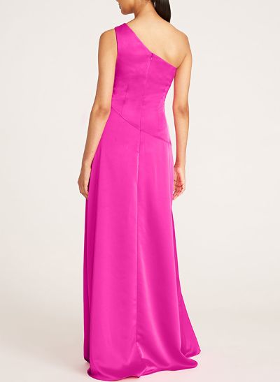A-Line One-Shoulder Sleeveless Silk Like Satin Evening Dresses With Split Front