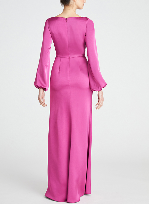 A-Line Cowl Neck Long Sleeves Silk Like Satin Evening Dresses With Split Front