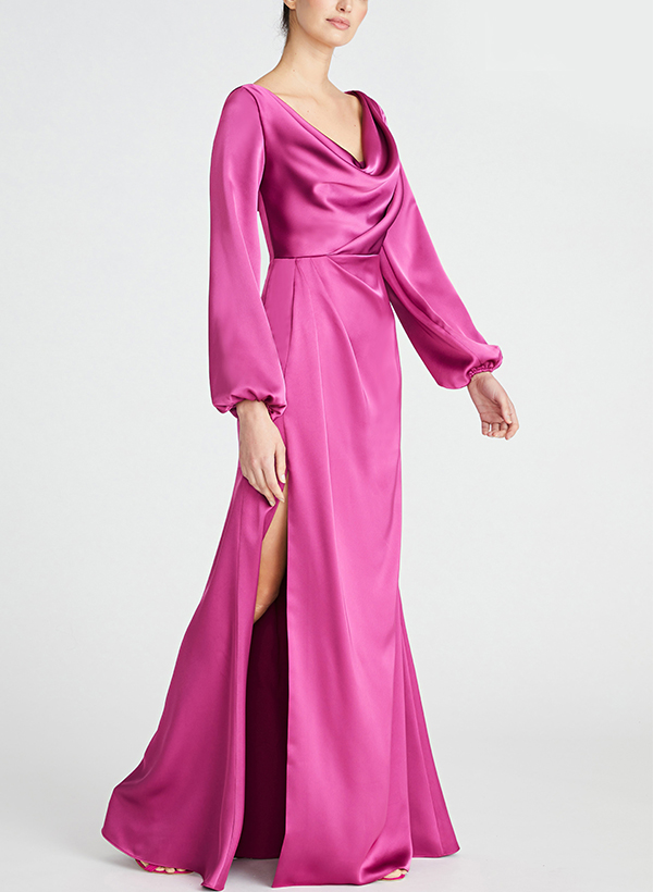 A-Line Cowl Neck Long Sleeves Silk Like Satin Mother Of The Bride Dresses With Split Front