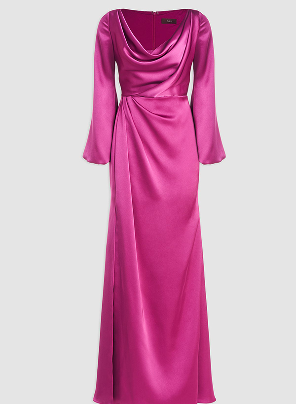 A-Line Cowl Neck Long Sleeves Silk Like Satin Evening Dresses With Split Front