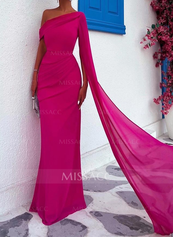 One-Shoulder Cape Sheath/Column Chiffon Evening Dresses