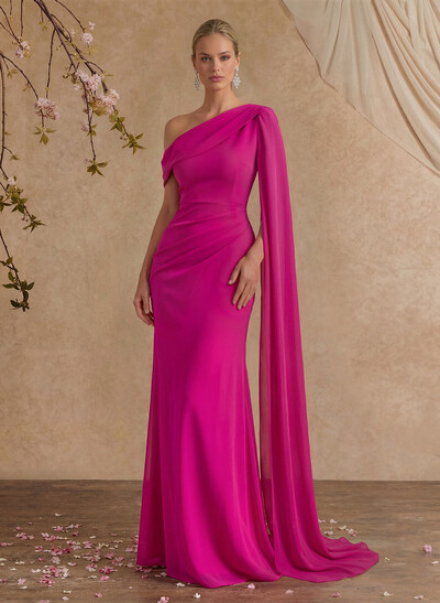 One-Shoulder Cape Sheath/Column Chiffon Evening Dresses