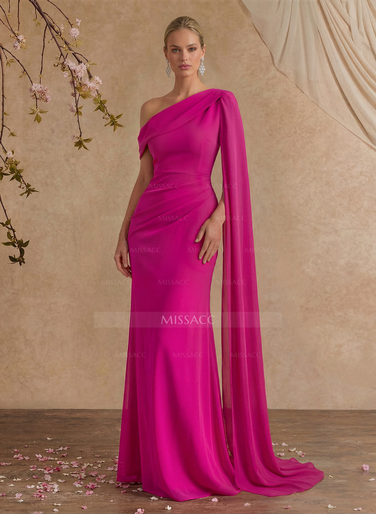 One-Shoulder Cape Sheath/Column Chiffon Evening Dresses