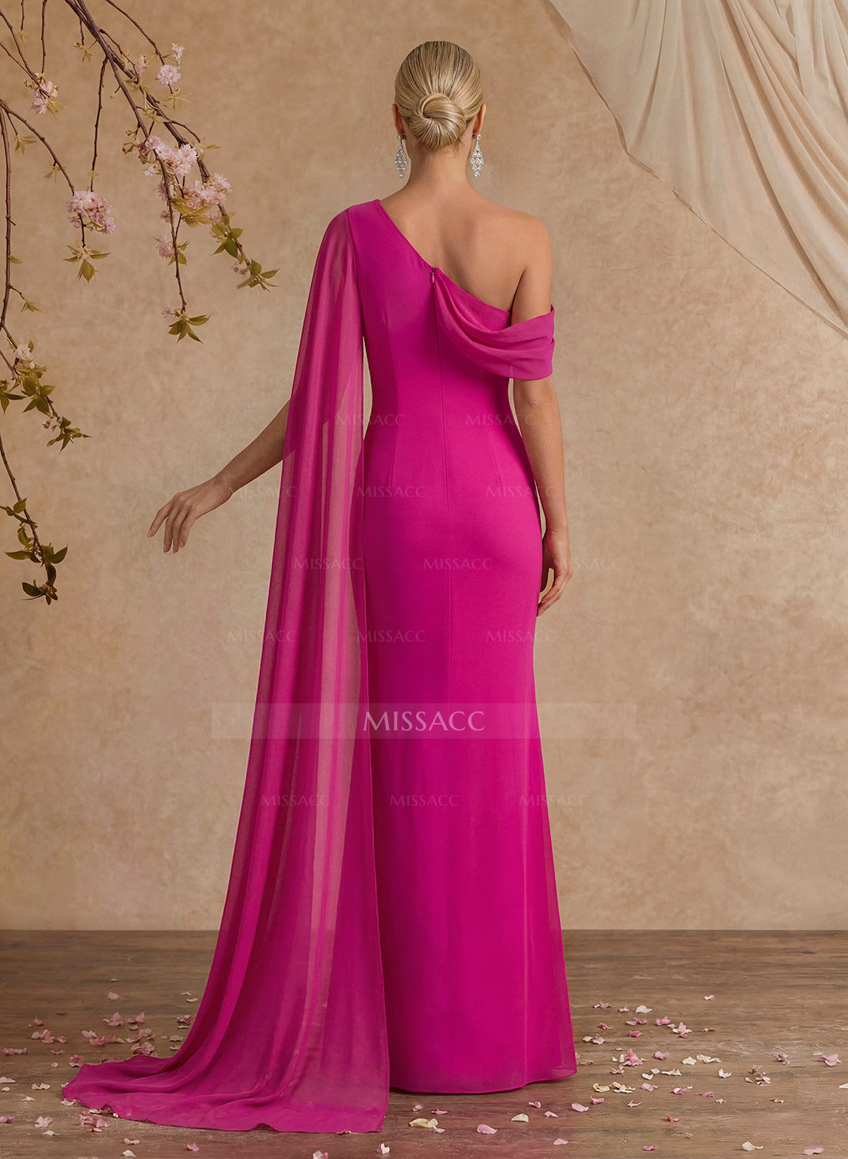 One-Shoulder Cape Sheath/Column Chiffon Evening Dresses