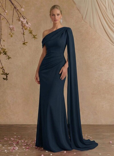 One-Shoulder Cape Sheath/Column Chiffon Evening Dresses