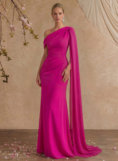 One-Shoulder Cape Sheath/Column Chiffon Evening Dresses