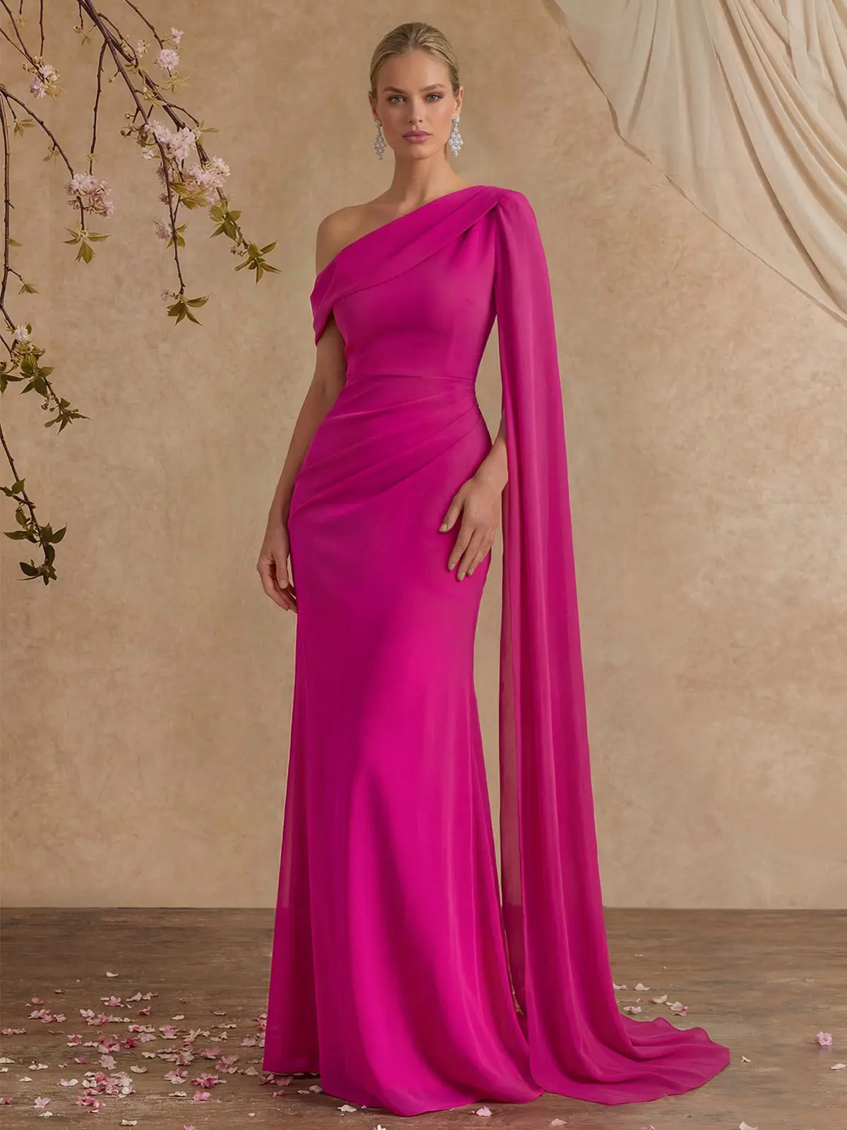 One-Shoulder Cape Sheath/Column Chiffon Evening Dresses