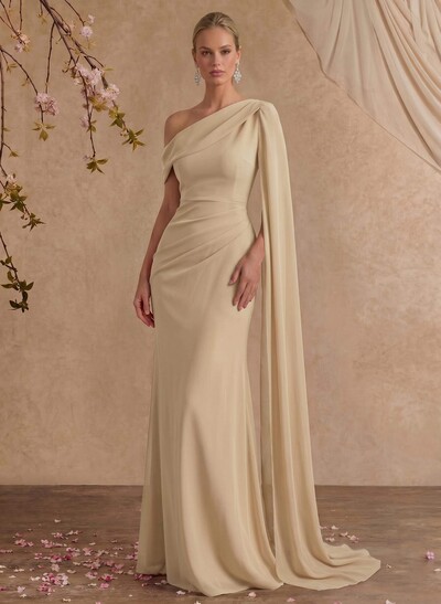 One-Shoulder Cape Sheath/Column Chiffon Evening Dresses