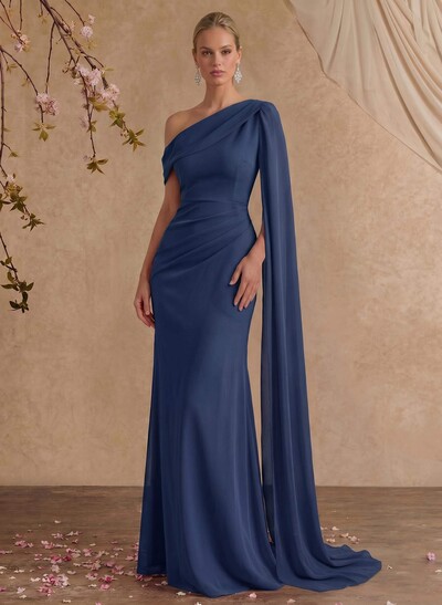 One-Shoulder Cape Sheath/Column Chiffon Evening Dresses