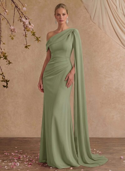 One-Shoulder Cape Sheath/Column Chiffon Evening Dresses