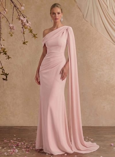 One-Shoulder Cape Sheath/Column Chiffon Evening Dresses