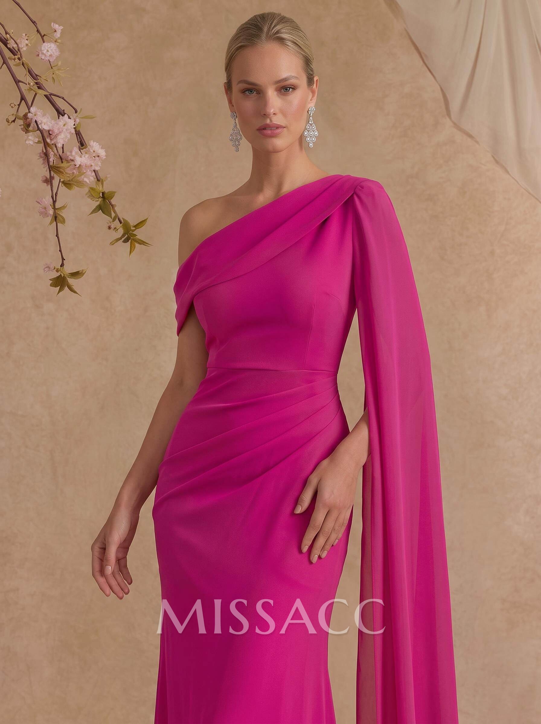 One-Shoulder Cape Sheath/Column Chiffon Evening Dresses