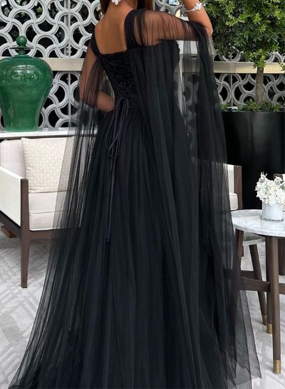 A-Line Sweetheart Sleeveless Sweep Train Tulle Evening Dresses
