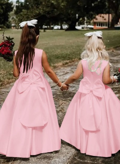 A-Line Scoop Neck Sleeveless Floor-Length Satin Flower Girl Dresses With Bow(s)