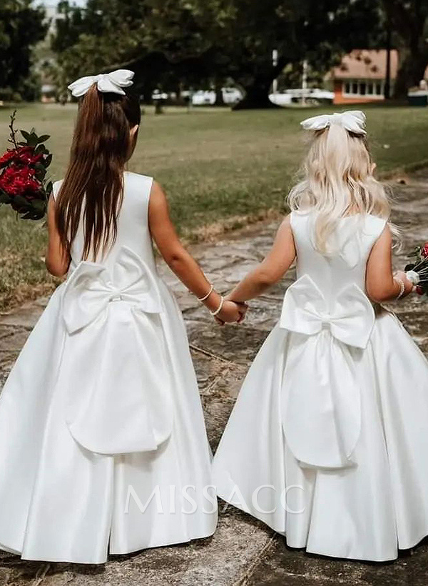 A-Line Scoop Neck Sleeveless Floor-Length Satin Flower Girl Dresses With Bow(s) A-Line Scoop Neck Sleeveless Floor-Length Satin Flower Girl Dresses With Bow(s)