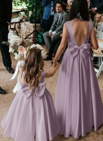 A-Line Scoop Neck Sleeveless Floor-Length Satin Flower Girl Dresses With Bow(s) A-Line Scoop Neck Sleeveless Floor-Length Satin Flower Girl Dresses With Bow(s)