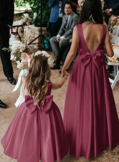 A-Line Scoop Neck Sleeveless Floor-Length Satin Flower Girl Dresses With Bow(s) A-Line Scoop Neck Sleeveless Floor-Length Satin Flower Girl Dresses With Bow(s)
