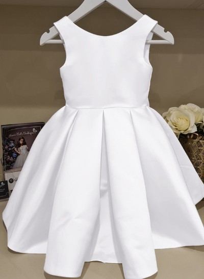 A-Line Scoop Neck Sleeveless Floor-Length Satin Flower Girl Dresses With Bow(s)