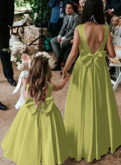 A-Line Scoop Neck Sleeveless Floor-Length Satin Flower Girl Dresses With Bow(s) A-Line Scoop Neck Sleeveless Floor-Length Satin Flower Girl Dresses With Bow(s)