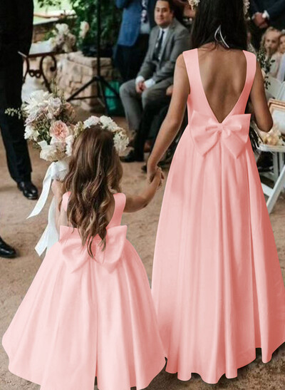 A-Line Scoop Neck Sleeveless Floor-Length Satin Flower Girl Dresses With Bow(s)