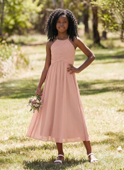 A-Line Halter Sleeveless Chiffon Junior Bridesmaid Dresses With Back Hole