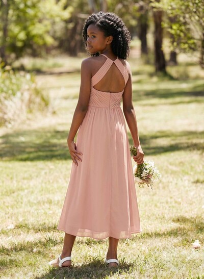 A-Line Halter Sleeveless Chiffon Junior Bridesmaid Dresses With Back Hole
