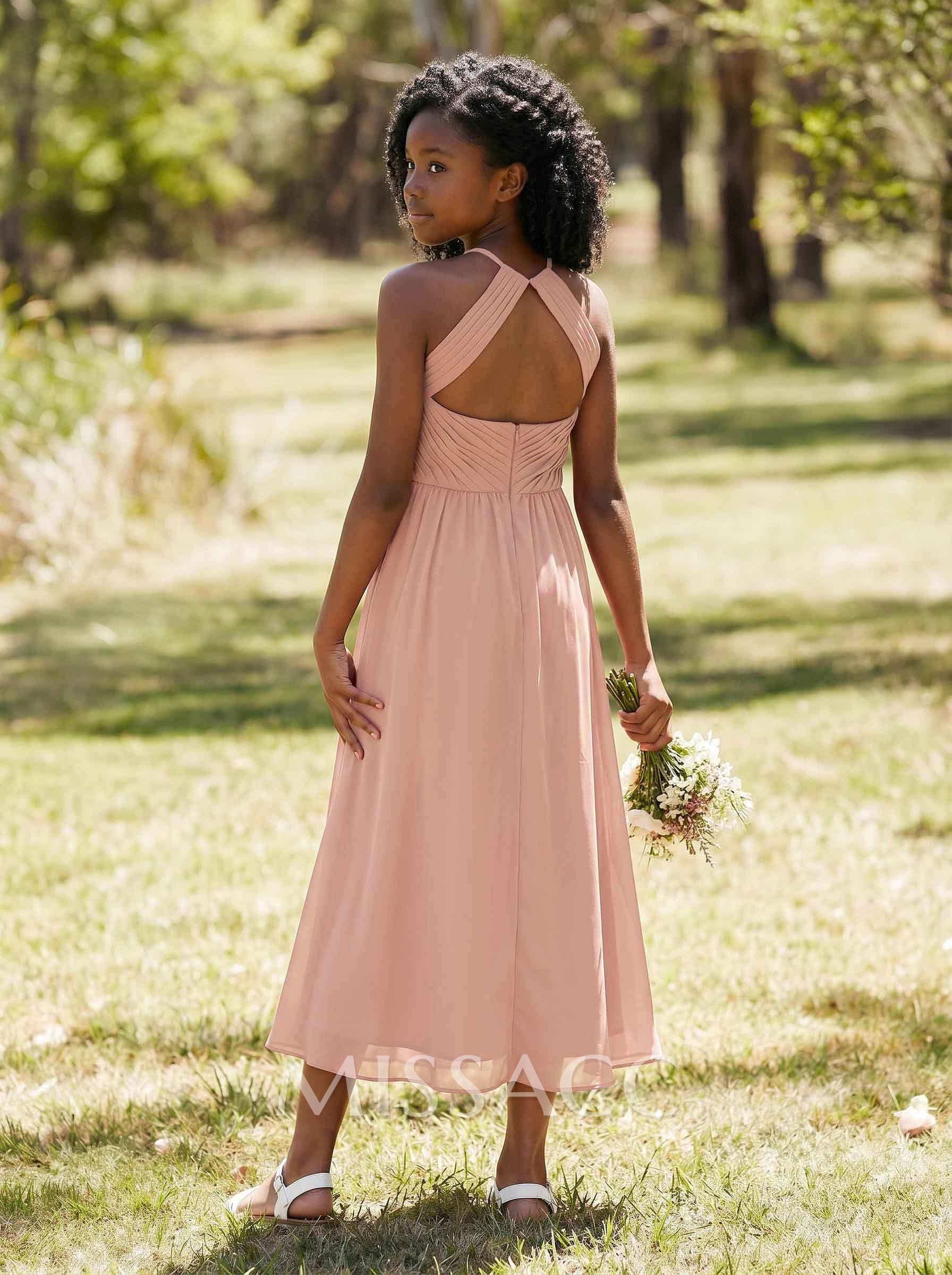 A-Line Halter Sleeveless Chiffon Junior Bridesmaid Dresses With Back Hole