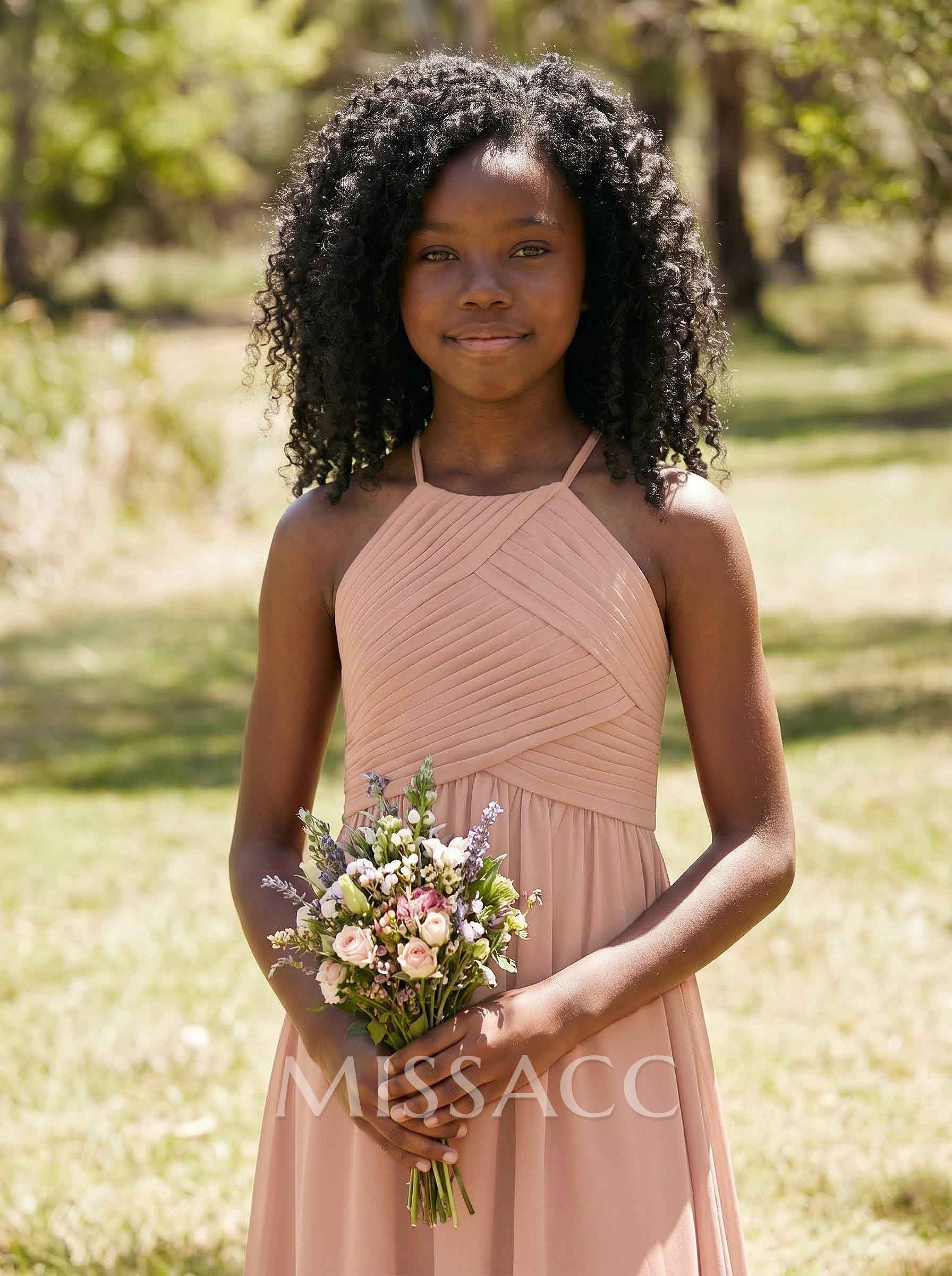 A-Line Halter Sleeveless Chiffon Junior Bridesmaid Dresses With Back Hole