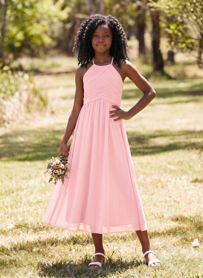 A-Line Halter Sleeveless Chiffon Junior Bridesmaid Dresses With Back Hole