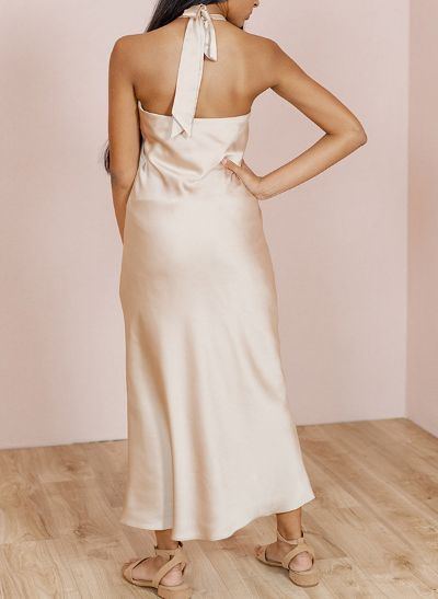 Sheath/Column Halter Silk Like Satin Junior Bridesmaid Dresses With Back Hole