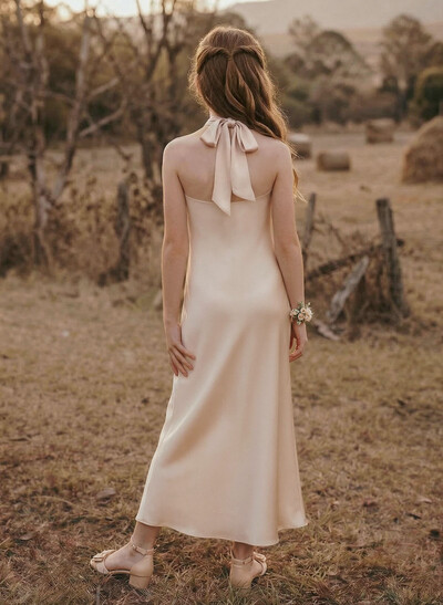 Sheath/Column Halter Silk Like Satin Junior Bridesmaid Dresses With Back Hole