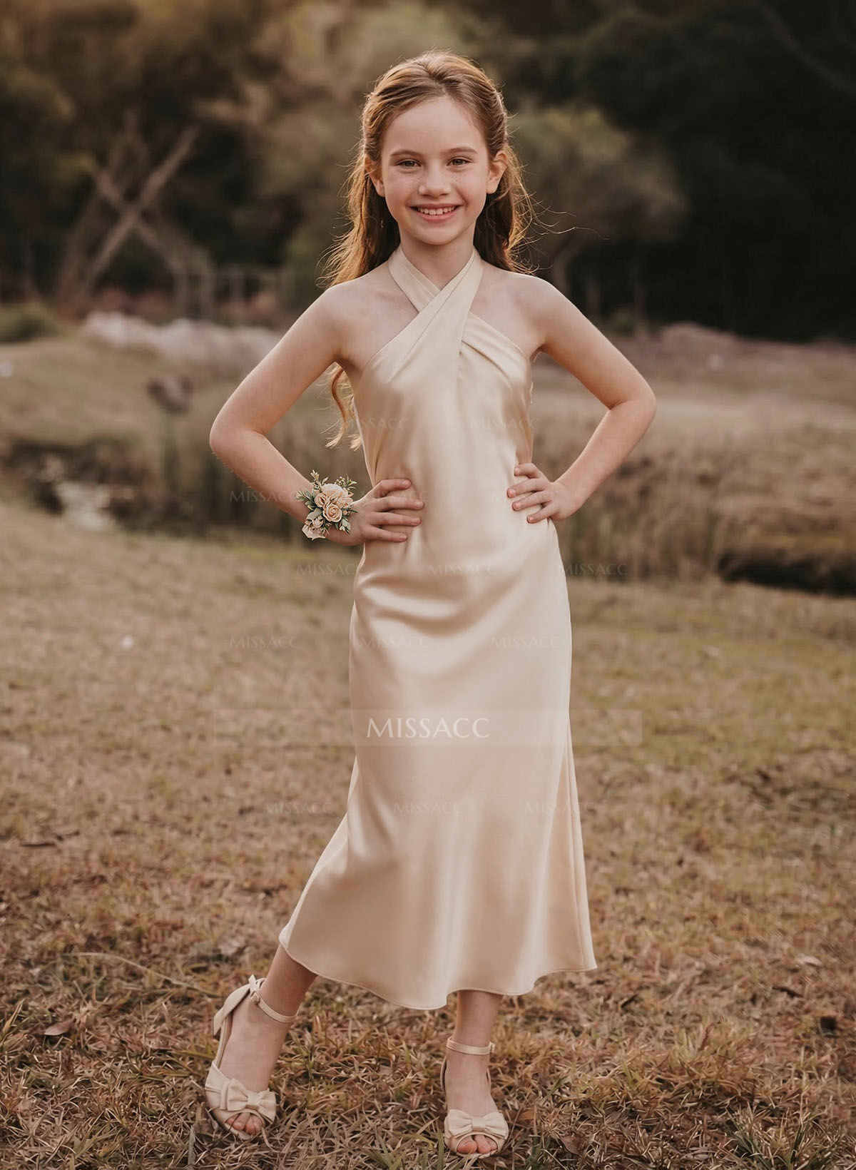 Sheath/Column Halter Silk Like Satin Junior Bridesmaid Dresses With Back Hole