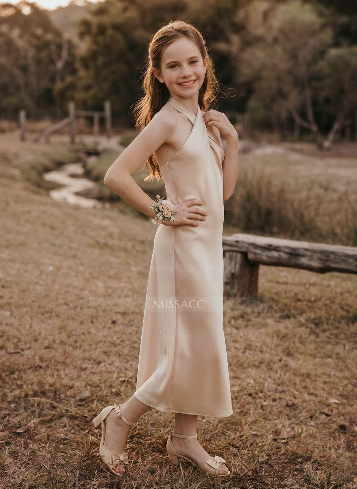 Sheath/Column Halter Silk Like Satin Junior Bridesmaid Dresses With Back Hole