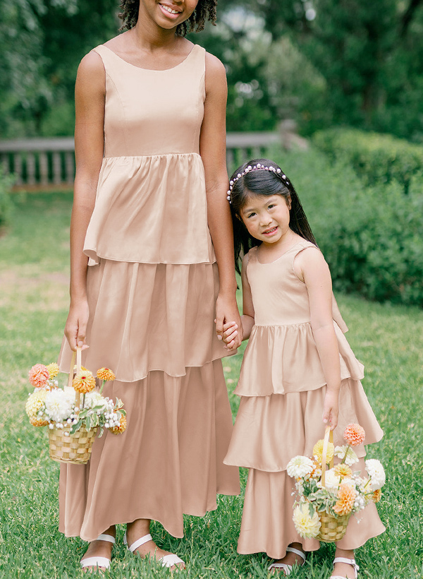 A-Line Scoop Neck Silk Like Satin Junior Bridesmaid Dresses With Cascading Ruffles