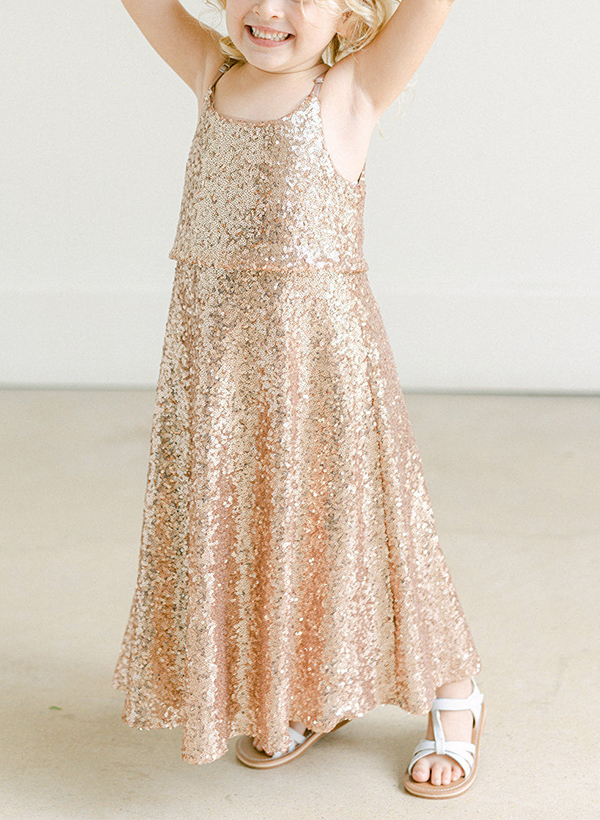 A-Line Scoop Neck Sleeveless Ankle-Length Sequined Junior Bridesmaid Dresses