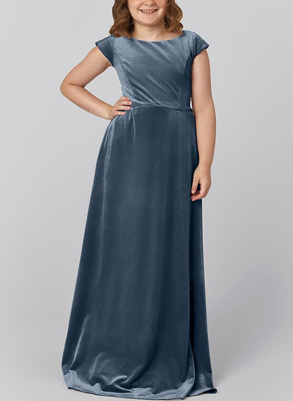 A-Line Scoop Neck Sleeveless Sweep Train Velvet Junior Bridesmaid Dresses