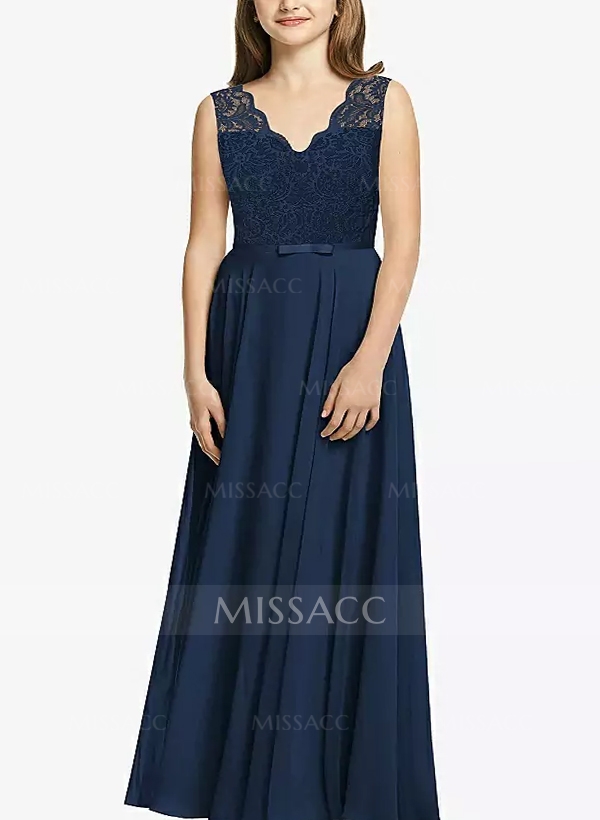 A-Line V-Neck Sleeveless Chiffon Junior Bridesmaid Dresses With Lace