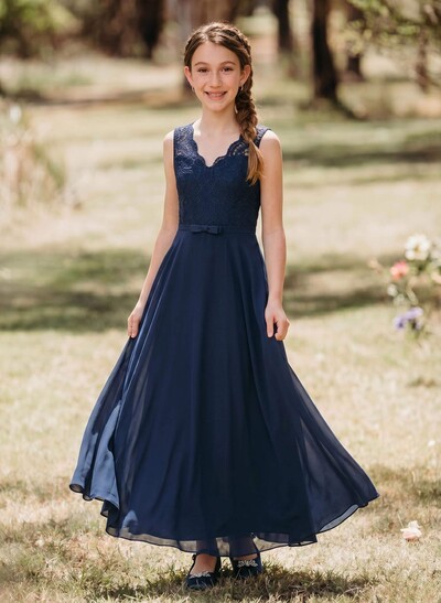 A-Line V-Neck Sleeveless Chiffon Junior Bridesmaid Dresses With Lace