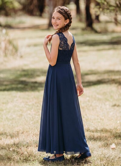 A-Line V-Neck Sleeveless Chiffon Junior Bridesmaid Dresses With Lace