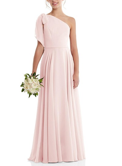 A-Line One-Shoulder Sleeveless Chiffon Junior Bridesmaid Dresses With Bow(s)